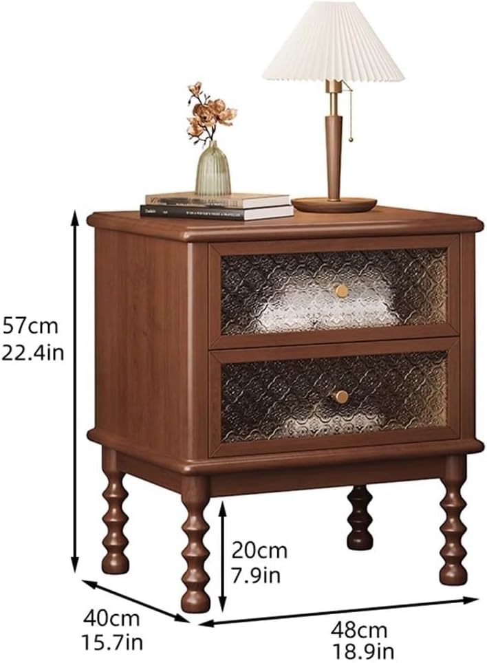 Vintage Wooden Nightstand Antique Bedside Table with 2 Floral Glass Drawers Mid-Century Modern Storage Cabinet End Table Creative idea(Black)