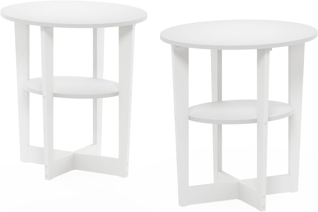 Furinno Jaya Side Table Set of 2, 2-Tier Round Modern End Table with Oval Tabletop, Night Stand, Bedside Table with Open Shelf, for Living Room, Bedroom, Plain White