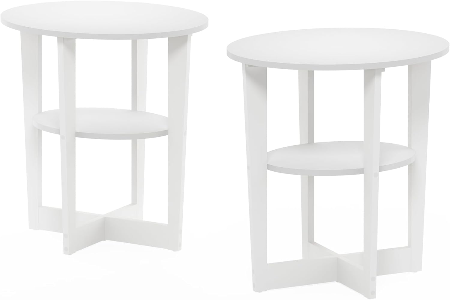 Furinno Jaya Side Table Set of 2, 2-Tier Round Modern End Table with Oval Tabletop, Night Stand, Bedside Table with Open Shelf, for Living Room, Bedroom, Plain White