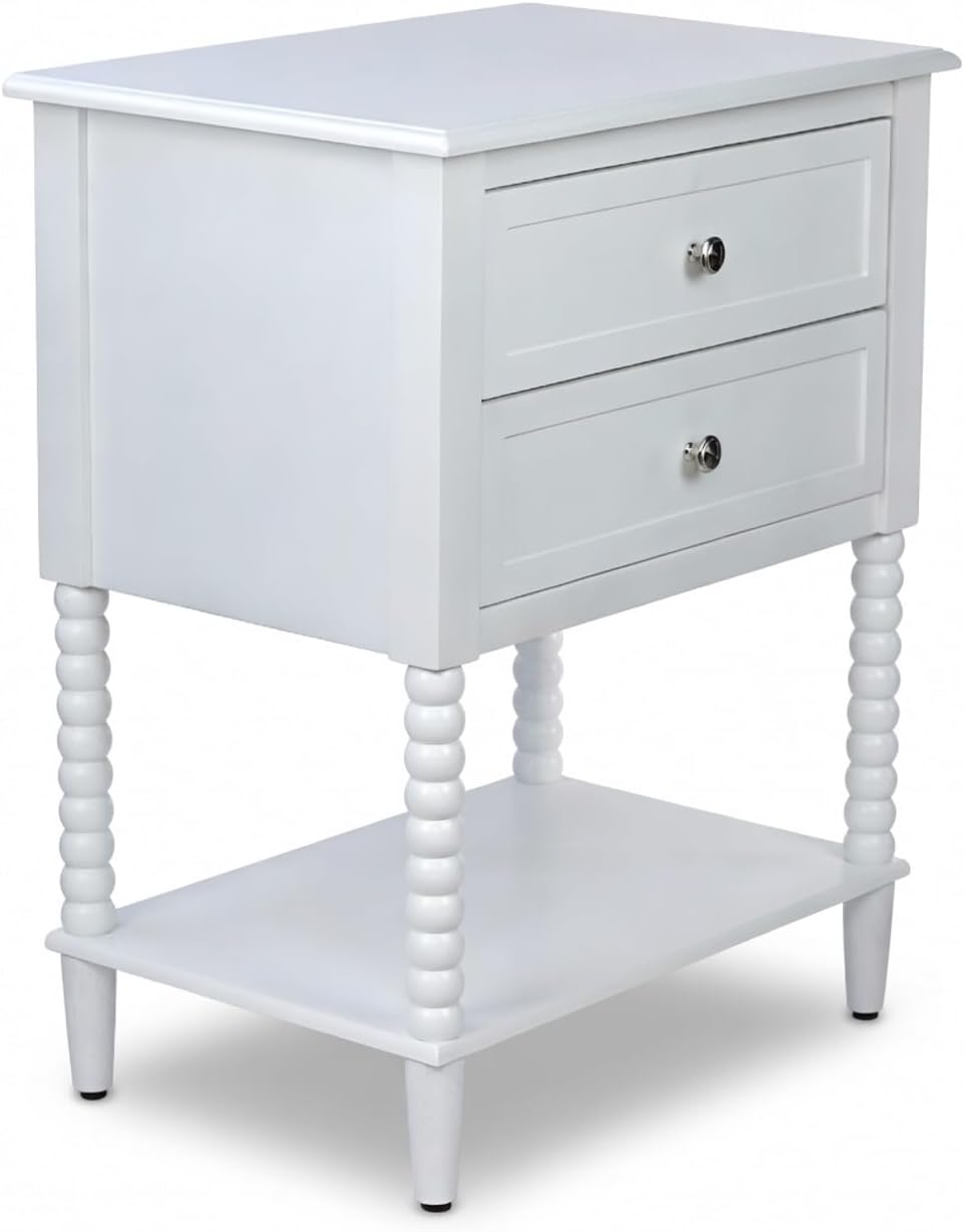 Decor Therapy Preston Two Drawer Side Table, Traditional Side Table with Dual Storage Drawers and Lower Shelf, Classic End Table or Bedside Table for Living Room or Bedroom, White
