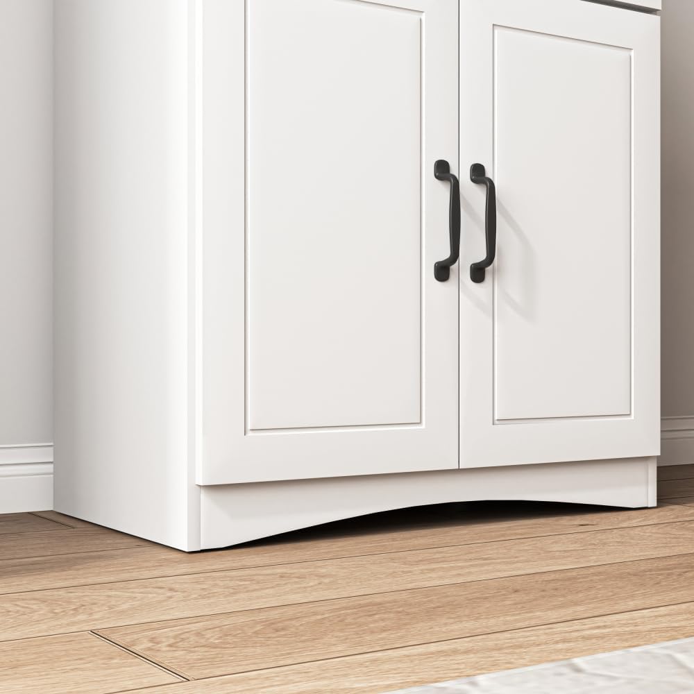 White Wooden Kitchen Cabinet, Pantry Storage Unit with Framed Glass Doors, Microwave Stand & Drawer, for Living Room, Dining Room, or Kitchen