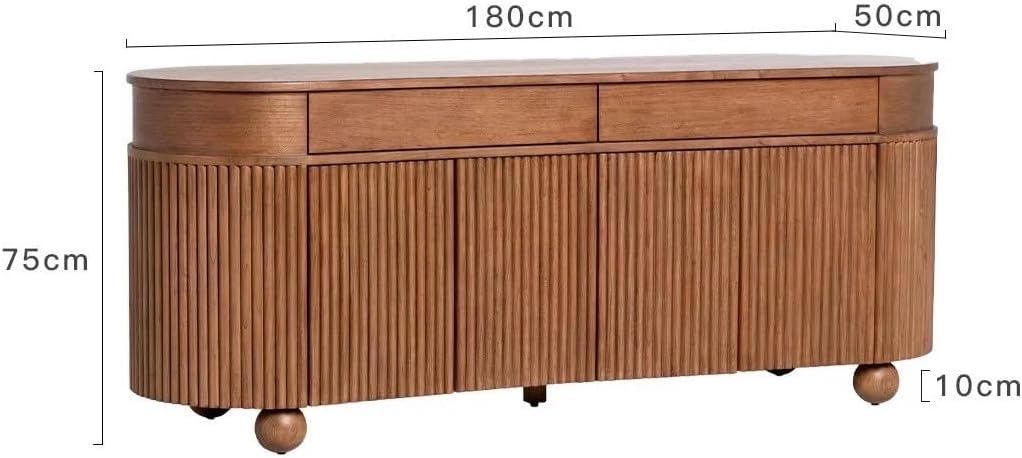 French Mid-Century Curved Fluted Solid Wood Sideboard – Premium Storage Cabinet with Drawers and Doors, Luxury Dining Room Buffet Console with Spherical Legs