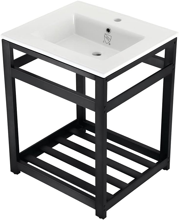 Kingston Brass VWP2522A0 Quadras 25-Inch Ceramic Console Sink (1-Hole), White/Matte Black
