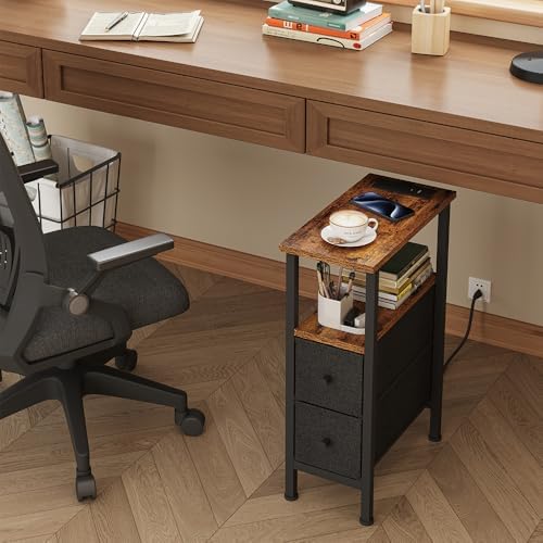 Narrow Side Table for Small Spaces, Skinny End Table with Charging Station, Sofa Beside Table with 2 Drawers 1 Open Compartment, Slim Nightstand with USB Ports Outlet, Rustic and Brown UTBT005FV2