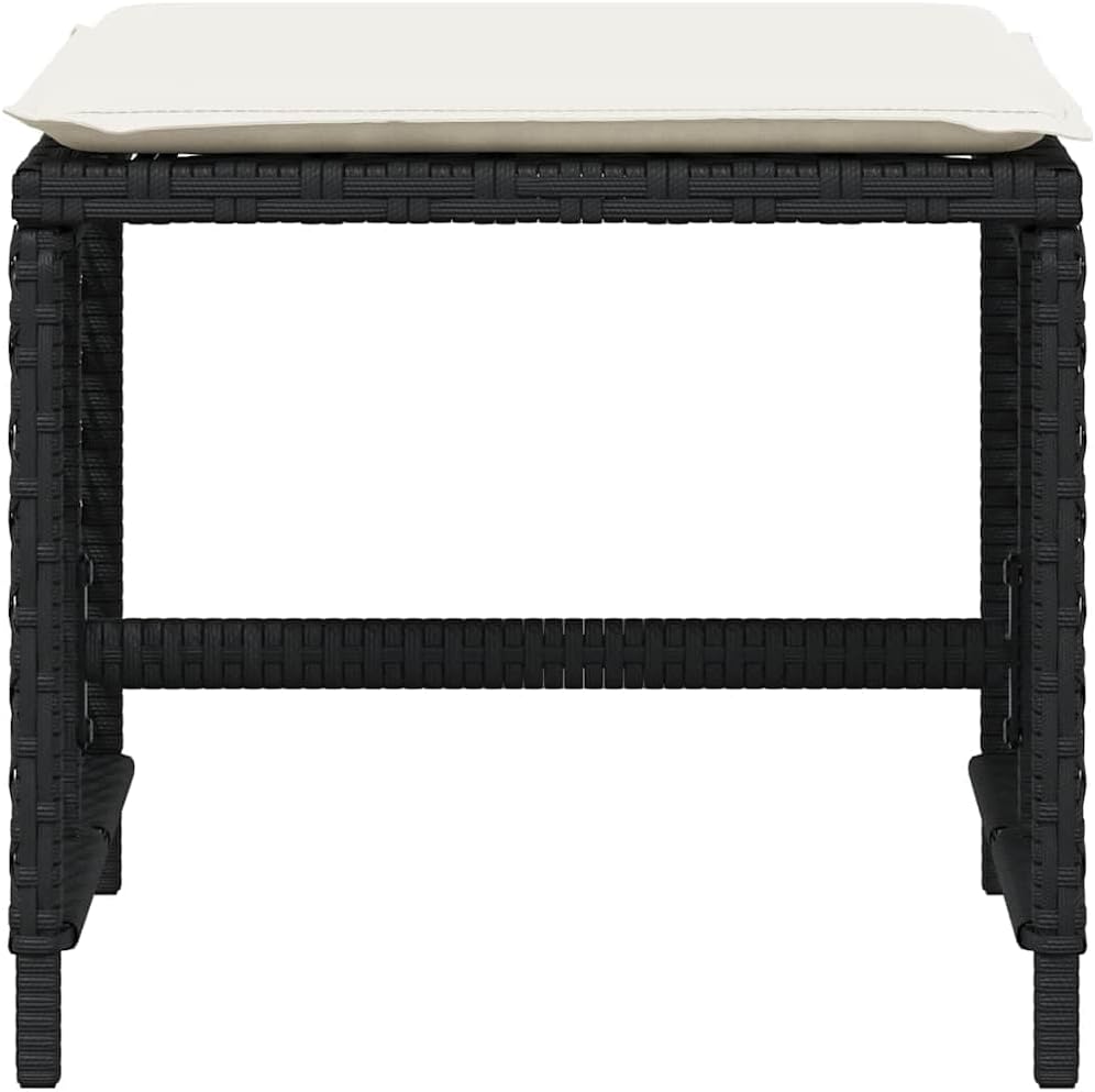 4-Piece Garden Stool Set in Black with Poly Rattan and Powder-Coated Steel, Square Outdoor Seats with Removable Washable Cushion Covers, 14.2-Inch Height for Patio Balcony