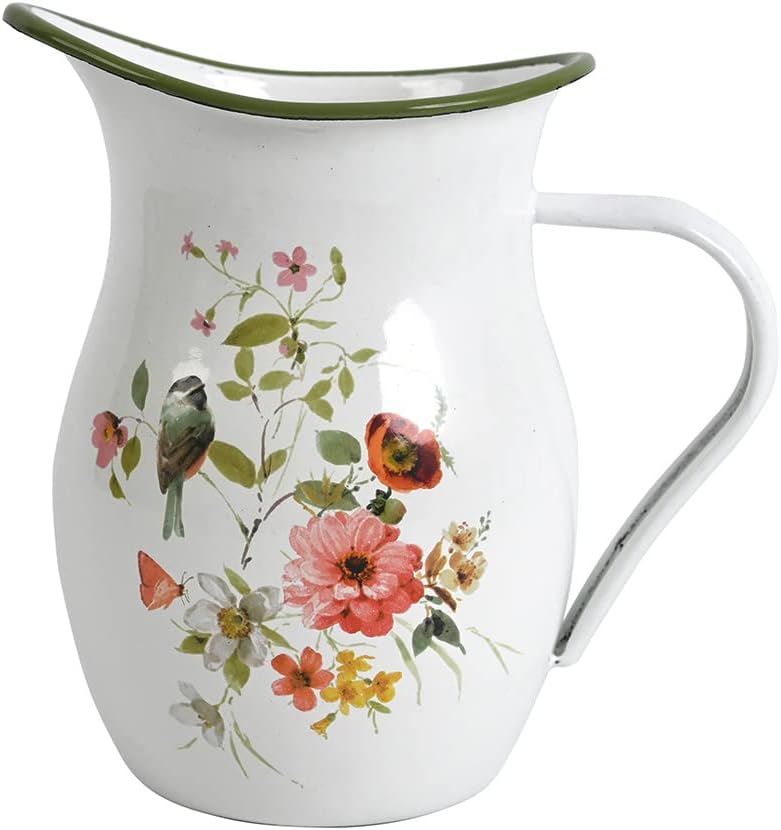 Enamel Vintage Pitcher Vase for Flowers,7.9" L x 5.3" W x 7.5" H Rustic Pitcher Vase,Farmhouse Decor for Kitchen Table Centerpiece,Living Room,Bedroom (Green)