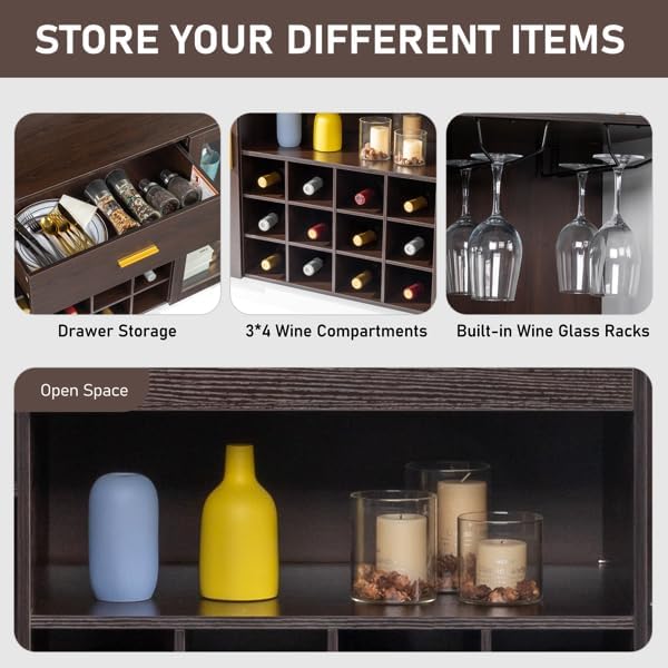 Farmhouse Wines Bar Cabinet Kitchen Coffee Bar Cabinet, Wine Bottle Rack Cabinet 12-Bottle Wine Rack Sideboard - Wines Storage for Bar, Pantry, Storage Shelves,Buffet Sideboard for Dining Room