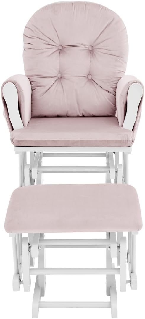 Mason Glider and Ottoman - White Wood, Pink Fabric
