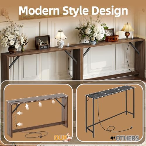 TIQLAB 9.1 Inch Narrow Console Table with Power Outlet,Sofa Table Set of 2，Total Length 94'' Sofa Table Behind Couch，for Entryway&Living Room, Black Walnut