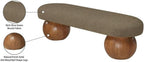 Pemberly Row Contemporary Boucle Fabric Bench, 59.5" W, Olive Green Upholstery, Walnut Ash Wood Ball-Shaped Legs, Art Deco Style, Living Room or Bedroom Accent Seating
