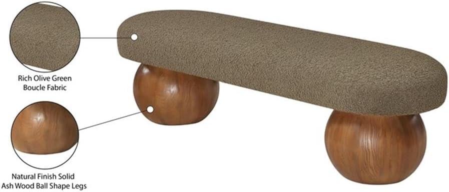 Pemberly Row Contemporary Boucle Fabric Bench, 59.5" W, Olive Green Upholstery, Walnut Ash Wood Ball-Shaped Legs, Art Deco Style, Living Room or Bedroom Accent Seating