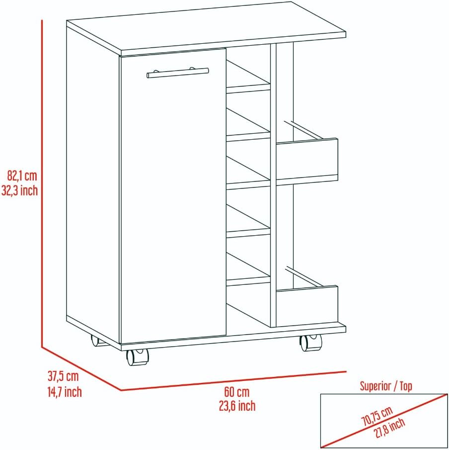 Tuhome Bar Cart, Two External Shelves, Four Casters, Six Built-in Wine Rack, Single Door Cabinet -Smokey Oak