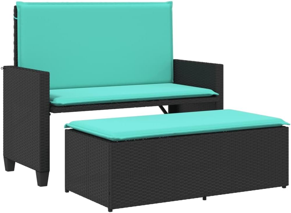 Outdoor Patio Bench Convertible to Sofa Bed, 2-Seater Garden Loveseat with Adjustable Armrests, Black PE Rattan Furniture for Balcony Terrace Backyard