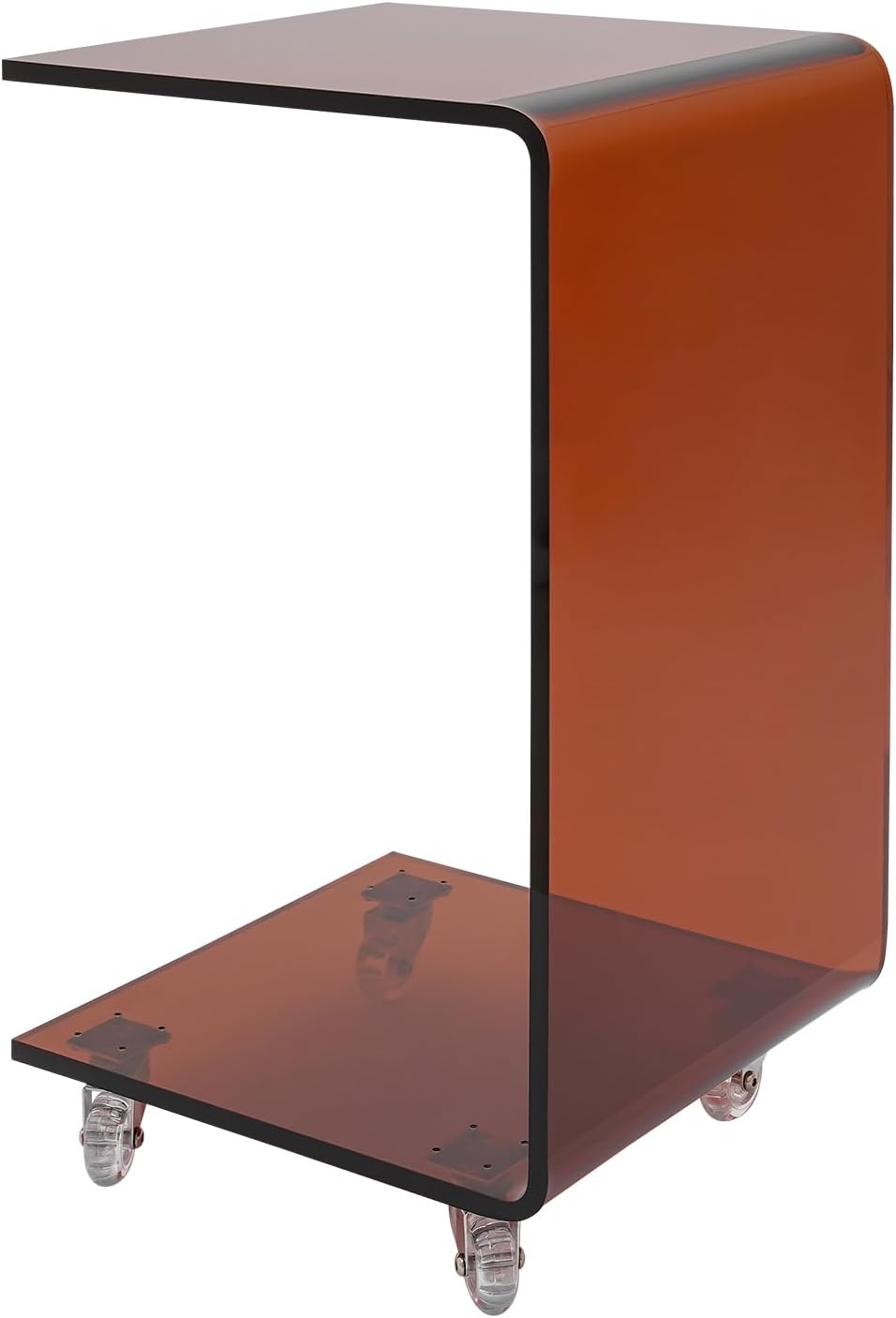 Acrylic Sofa Side Table, C-Shaped Side Table with Double-Tier Storage, Mobile C Shaped End Table Snack Table On Wheels, Bedside Couch Rolling Table For Living Room Bedroom Office (Clear Tawny)