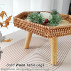 Hand Woven Rattan Serving Tray Table with Wooden Legs, Stylish Low Table for Living Room & Bedroom, Tea Time, 66lbs Capacity, Blue, 34x30cm (13x12in)