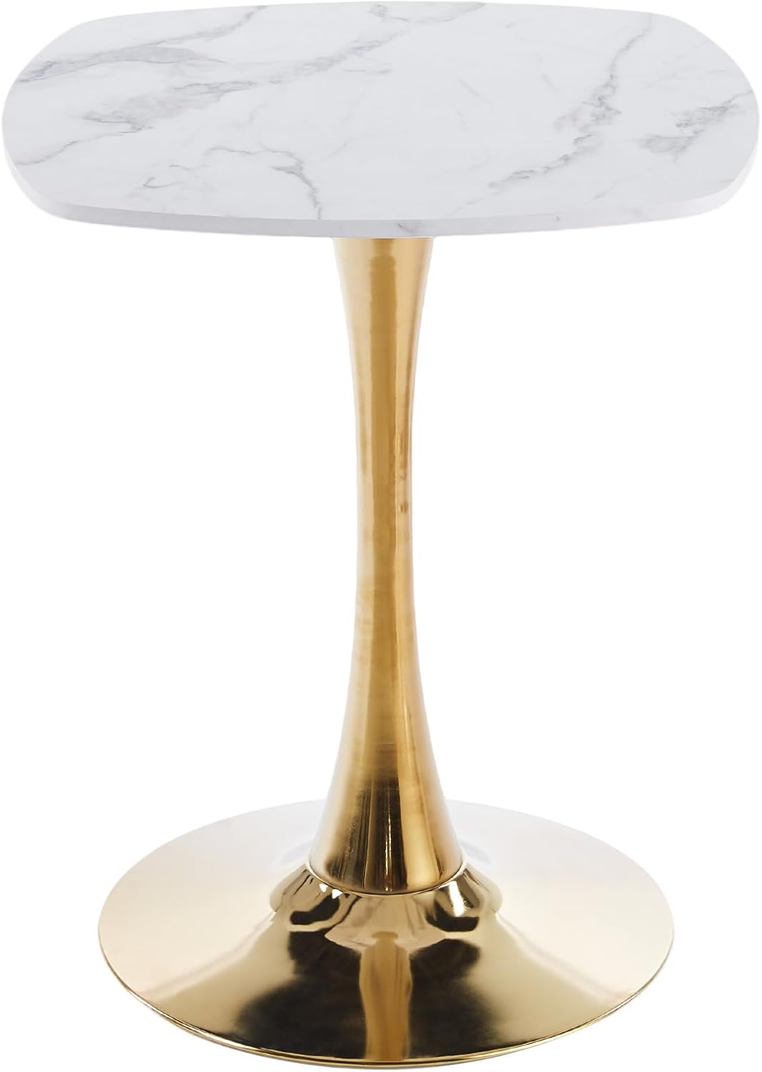 24 Inch Square White Marble-Look Tulip Dining Table for 2–4 with Gold Metal Base – Space Saving Small Apartment Kitchen Table, Pedestal Bistro Table for Breakfast Nook, Cafe, Studio Living (No Chairs)