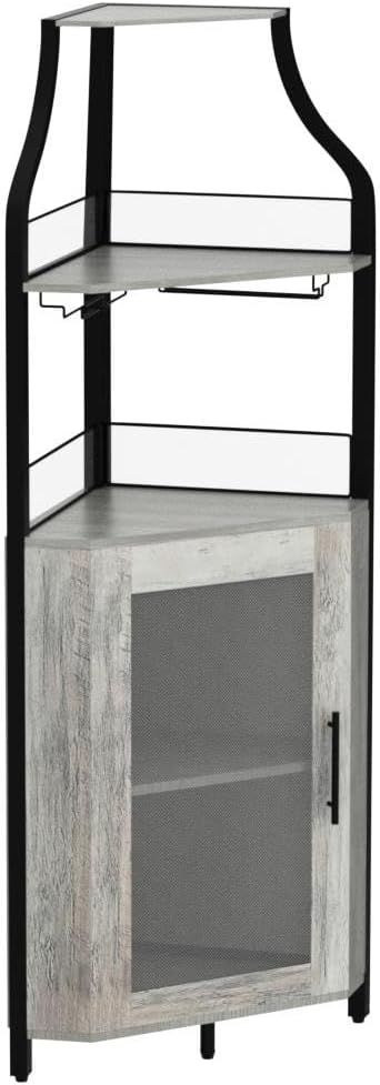 Amyove Corner Wine Bar Cabinet with Detachable Wine Rack, Industrial Wine Cabinet with Glass Holder, Small Sideboard and Liquor Coffee Bar Cabinet with Mesh Door, ‎Grey