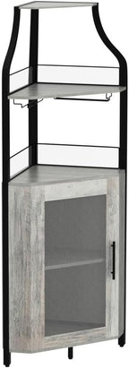 Amyove Corner Wine Bar Cabinet with Detachable Wine Rack, Industrial Wine Cabinet with Glass Holder, Small Sideboard and Liquor Coffee Bar Cabinet with Mesh Door, ‎Grey