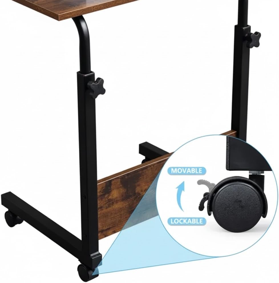 Rolling Height Adjustable C-Shaped Side Table, 15MM P2 Chipboard and Steel Laptop Cart with Edge Stopper, Rustic Brown for Living Room Bedroom Couch Bed