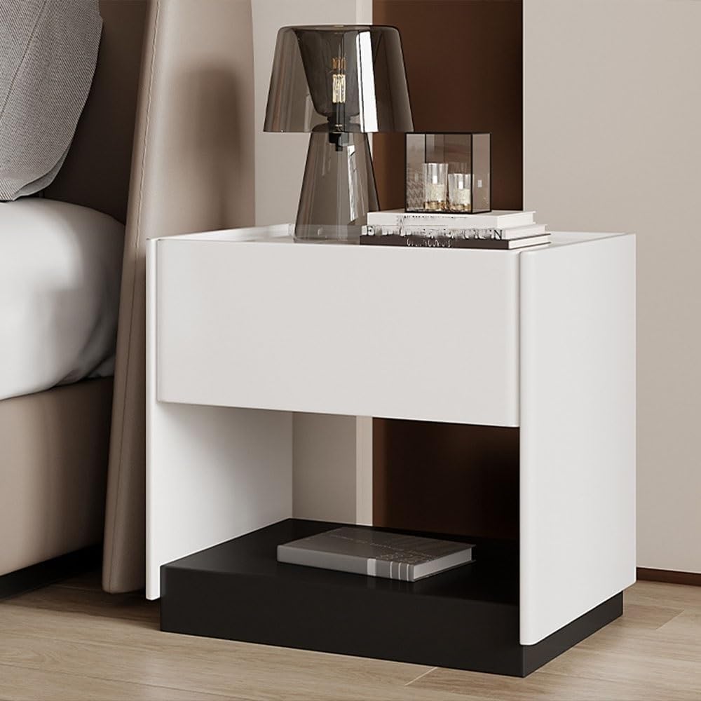Wood Night Stand with Stone Slab Desktop Modern Bedside Table Side Table Decor Table with Storage for Boudoir All Occasion(White,40 cm)