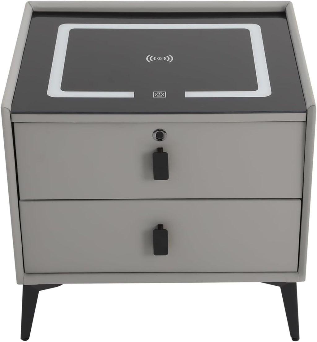 3 Color LED Nightstand with Wireless Charging Station & USB Ports, 2 Drawers Modern Night Stand Bedside Table End with Fingerprint Lock & Bluetooth Speaker Table for Bedroom, Living Room (Light Gray)