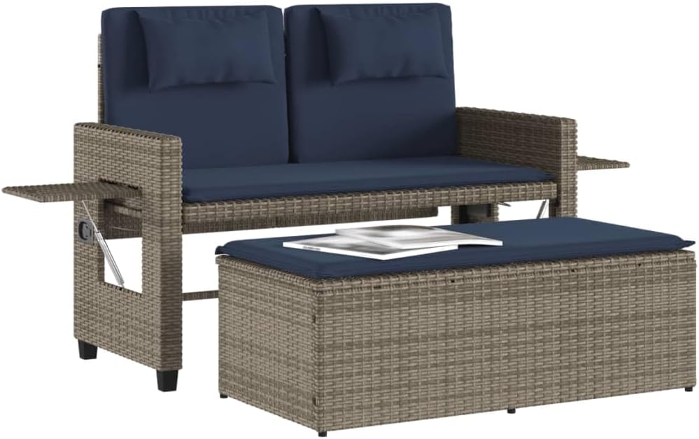 Garden Bench Grey PE Rattan Medium Adjustable Armrests,Reclining Garden Bench with Comfortable Cushions Outdoor Sofa Bed for Two Patio Furniture