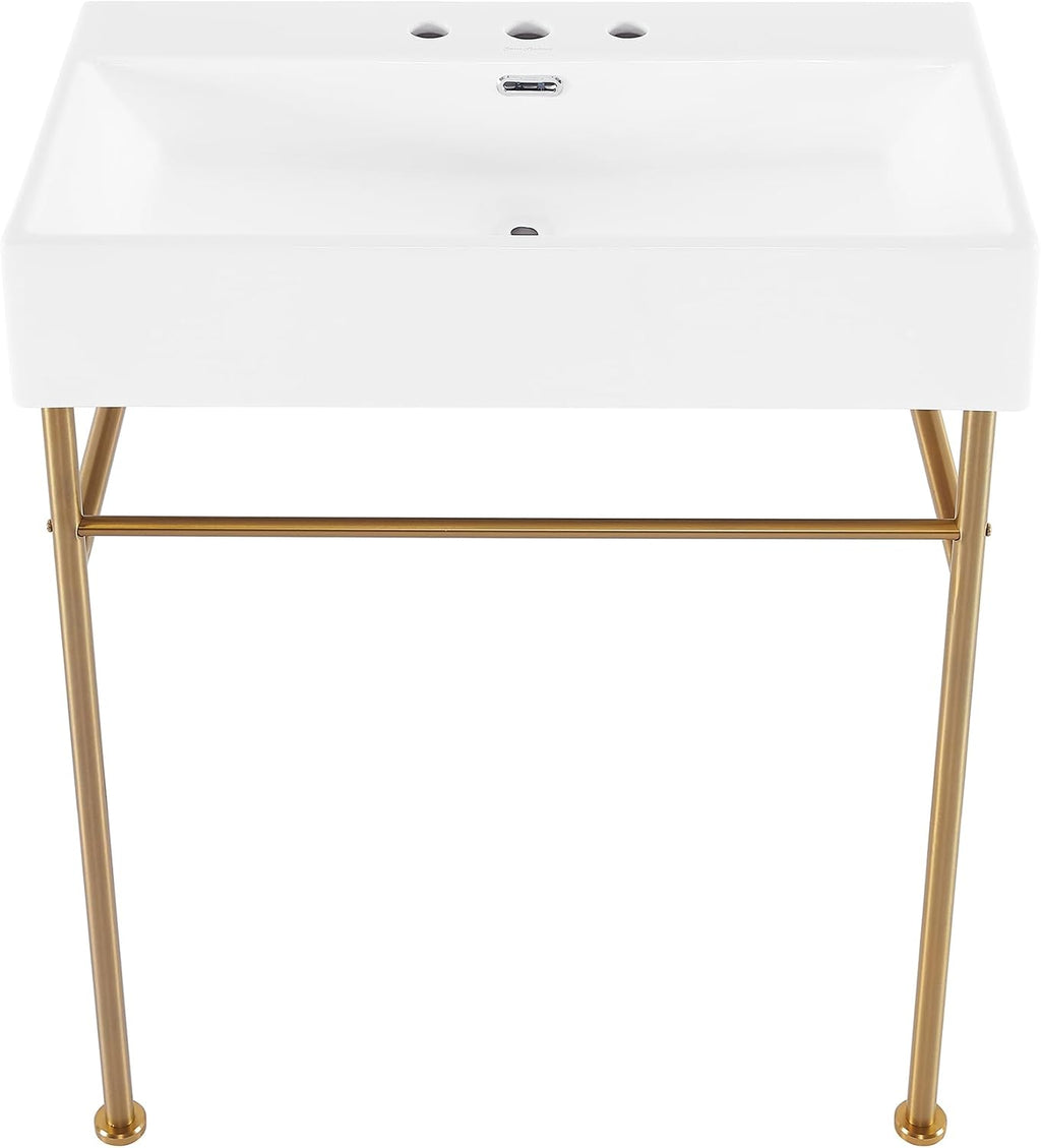 Claire 30" Console Sink White Basin Brushed Gold Legs with 8" Widespread Holes