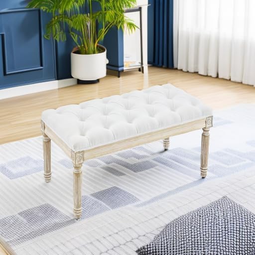 LOULENS French Vintage Bench, Linen Fabric Entryway Bench, Upholstered Tufted End of Bed Bench with Brushed Wood Legs, White