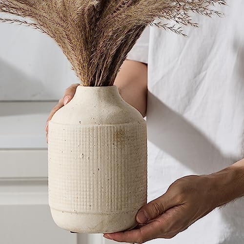 SIDUCAL Ceramic Rustic Farmhouse Vase | 7 Inch Pottery Decorative Flower Sand Glaze Finish Boho Vase for Home Decor, Table, Living Room, Bathroom Decoration, Shelf Decor, Mantel, White