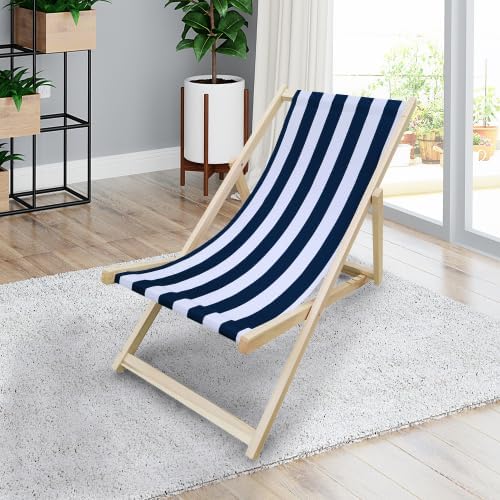 populus Wood Sling Chair Blue Stripe Broad Blue Stripe (Color: Dark Blue) Folding Chaise Lounge Chair