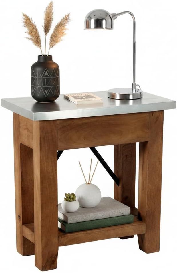 Millwork End Table with Steel Top – Rustic Industrial Narrow Side Table with Lower Shelf and Crossbar Accent – Small Space Accent Table for Living Room, Bedroom, Office by Alaterre Furniture