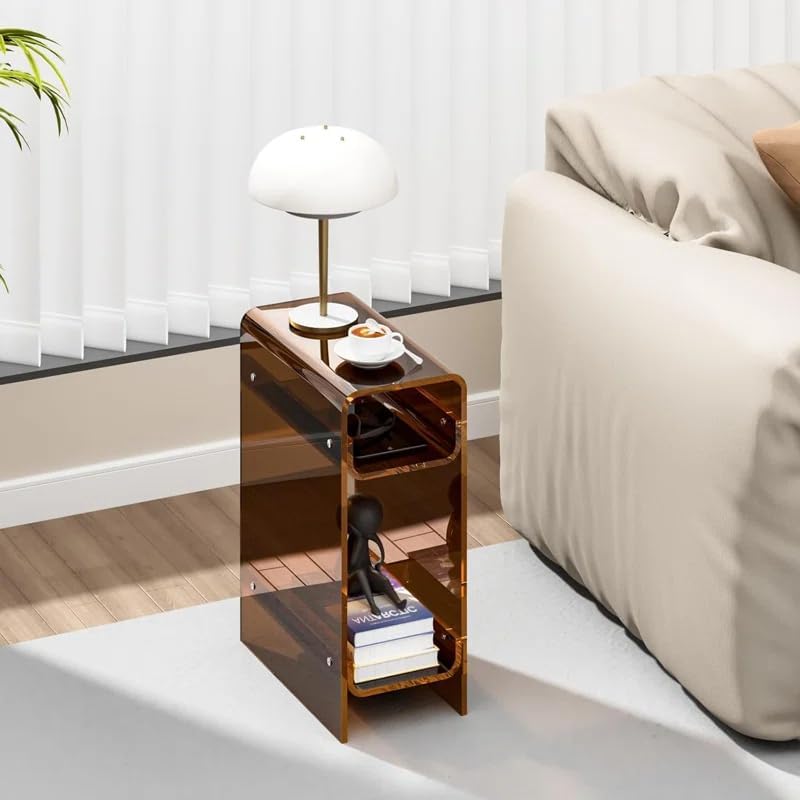 Acrylic End Table with Storage, Narrow Slim Side Table for Small Spaces Skinny nightstand Bedside Table for Bedroom, Living Room, Office (Brown)