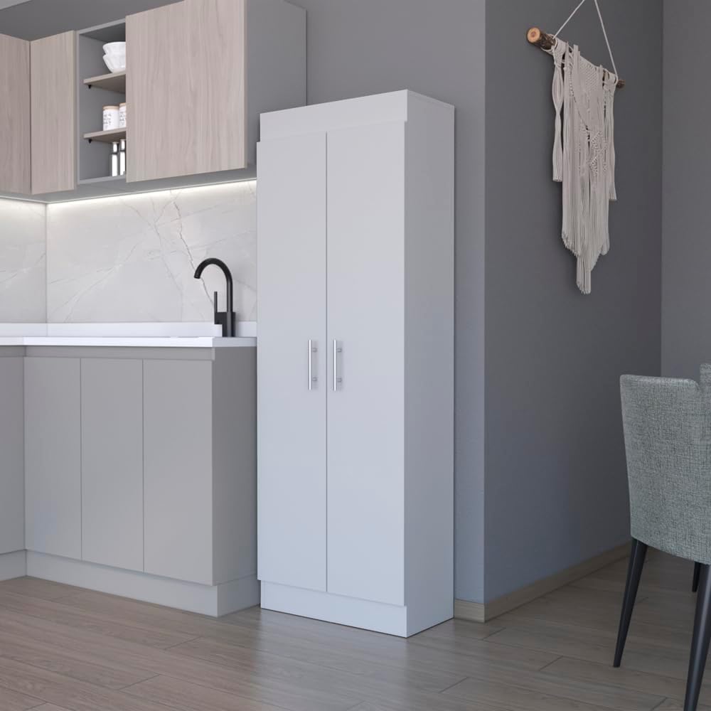 23.6" D*11.9" W*66.8" H Freestanding Kitchen Pantry with 4 Shelves, Double Door, Rectangular Storage Cabinet, Modern Minimalist, for Living Room, Dining Room, White