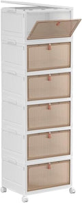 Foldable Storage Bins Boxes with Lid Wheels and Magnetic Door, Collapsible Stackable ABS Organizer for Kitchen Cloakroom Closet Living Room & Office (6 Tier)