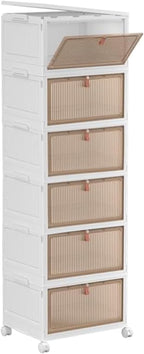 Foldable Storage Bins Boxes with Lid Wheels and Magnetic Door, Collapsible Stackable ABS Organizer for Kitchen Cloakroom Closet Living Room & Office (6 Tier)