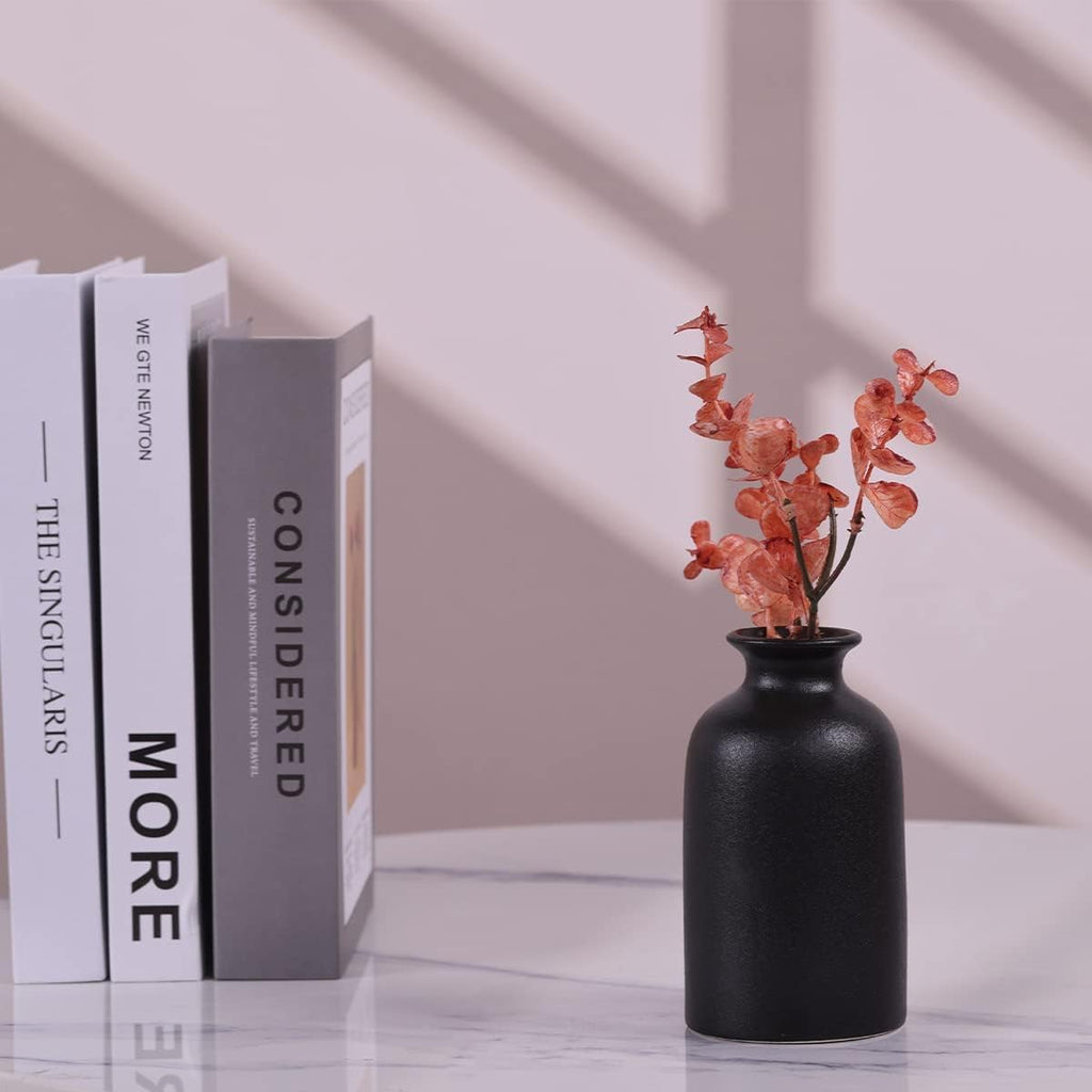 6 Pack Matte Black Ceramic Bud Vases – 5” Modern Boho Mini Vases for Flowers, Pampas Grass, or Dried Stems – Small Rustic Centerpieces for Home Decor, Wedding Table, and Party Displays