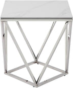 Pemberly Row Contemporary End Table, Stainless Steel Frame, Silver Finish, White Sintered Stone Top, Geometric Design, Modern Small Accent Table for Living Room or Decor Use