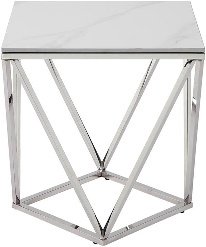Pemberly Row Contemporary End Table, Stainless Steel Frame, Silver Finish, White Sintered Stone Top, Geometric Design, Modern Small Accent Table for Living Room or Decor Use