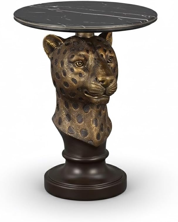 Virubi Leopard Head Accent Table Animal Statue End Table, Faux Marble Top Side Table, Resin Pedestal Table for Living Room Hallway Boutique Display