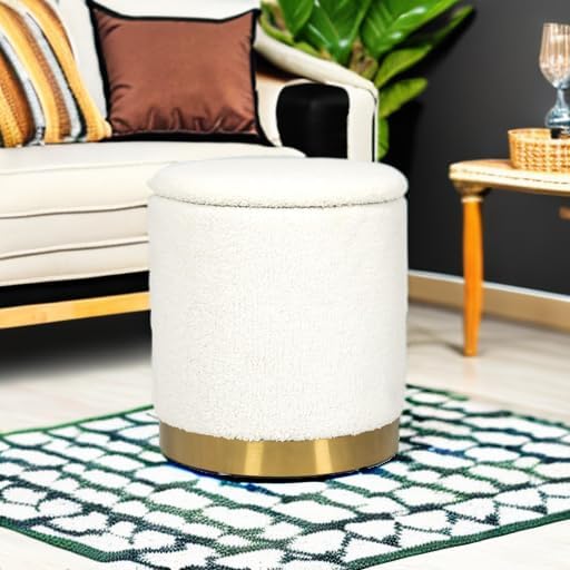 Joveco Boucle Round Ottoman with Storage,Vanity Stool with Storage for Bedroom, Ottoman Coffee Table,Small Boucle Foot Stool for Living Room, White with Gold Plating Base
