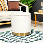 Joveco Boucle Round Ottoman with Storage,Vanity Stool with Storage for Bedroom, Ottoman Coffee Table,Small Boucle Foot Stool for Living Room, White with Gold Plating Base