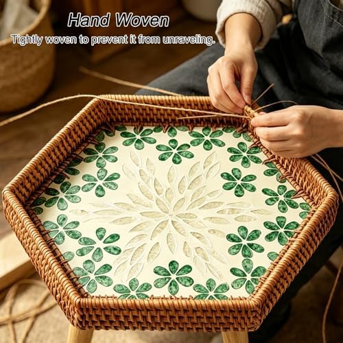 Hand Woven Rattan Serving Tray Table with Wooden Legs, Stylish Low Table for Living Room & Bedroom, Tea Time, 66lbs Capacity, Blue, 34x30cm (13x12in)