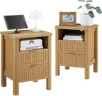 ONBRILL Fluted Night Stand with Charging Station, 23" Modern 2 Drawers End Table, Nightstand Set of 2 with Curved Profile Design, Bed Side Table for Bedroom, Living Room, Natural Oak （1-Pack）