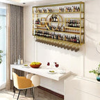 55in Modern Wine Rack Wall Mounted, Metal Wall Bar Shelves for Liquor Bottles with Glass Holder, Multifunctional Wood Bar Shelves Wall Mounted for Home Bar, Dining Room & Kitchen, Gold