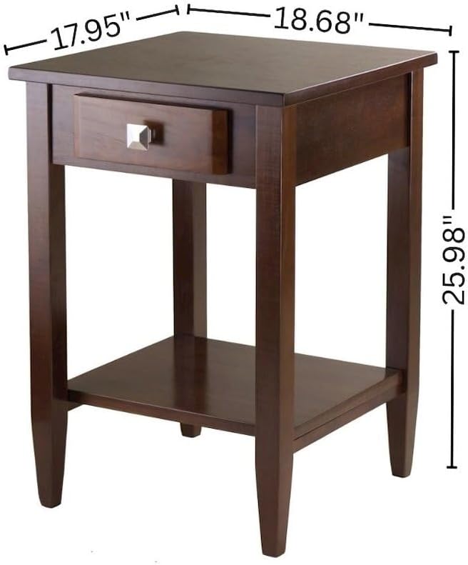 Furnifact End Table with Drawer, Tapered Legs, Lower Shelf, Solid Wood Frame, Walnut Finish, Living Room Storage