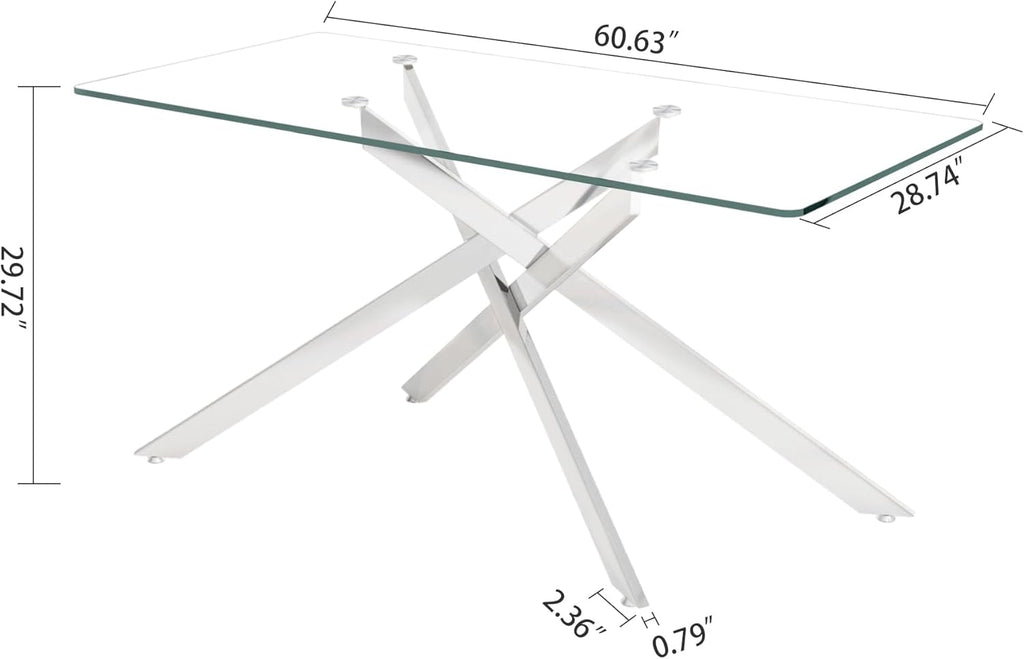 61" Rectangle Glass Dining Table for 4-6, Luxury Kitchen Table with Tempered Glass Top and Silver Metal Cross Legs, Modern Glass Dinner Table for Kitchen Dining Room Small Apartment
