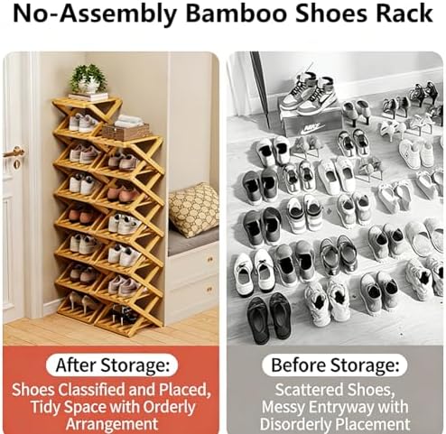 No-Assembly Bamboo Shoes Rack, Foldable Vertical Corner Shoe Organizer, Multifunctional Narrow Shoe Shelf for Entryway, Closet, Bedroom, Hallway (Brown, 5-Tier)