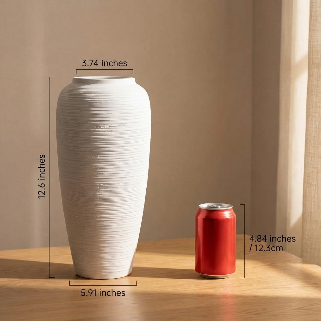 Off-White 12.6” Ceramic Vase for Home Decor, Farmhouse & Boho Decorative Pottery Vase for Table Centerpiece, Mantel, Shelf, Living Room, Kitchen, and Entryway (White Ribbed - 12.6" Tall)