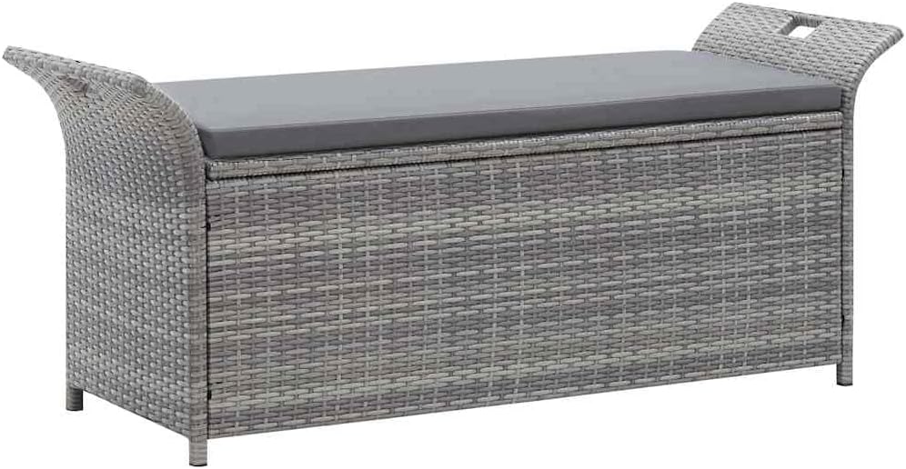 Poly Rattan Patio Storage Bench with Cushion Gray, 54.3 Inch Waterproof PE Storage Bench for Outdoor Use, Large Space with Removable Polyester Cover