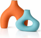 Patelai Set of 2 Mid Century Modern Decor Ceramic Donut Vases, Nordic Boho Round Matte Finish Decor for Home Dining Room Living Room Office Bedroom Shelf(Orange Blue)